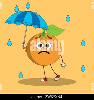 Art illustration Doodle Kawaii Fruits Symbol Character Orange Mascot Activity of Hold Umbrella Stock Vector