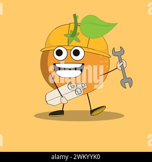 Art illustration Doodle Kawaii Fruits Symbol Character Orange Mascot Activity of Construction Work Stock Vector
