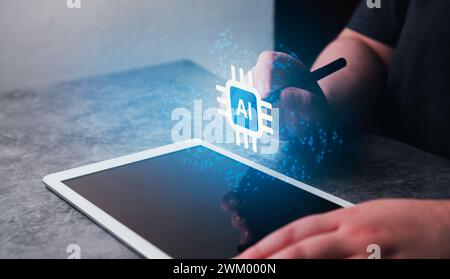 Woman use digital tablet with hologram interface of Artificial Intelligence concept. AI Chip icon. Big data management. Futuristic technology. Stock Photo