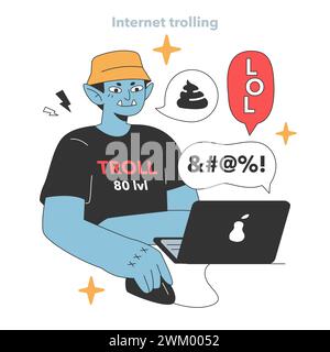 Mischievous online troll revels in chaos, gleefully typing away on his laptop. The playful smirk and show he's no novice at this game. Flat vector illustration Stock Vector