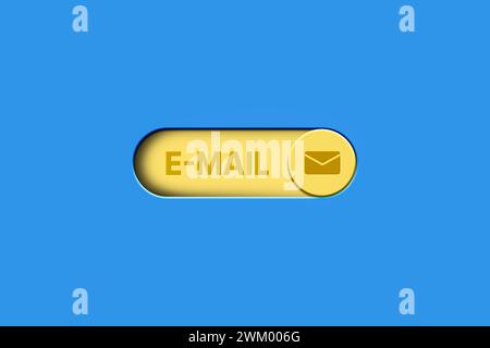 3D illustration of yellow button to switch on e-mail. Send mail or newsletter. Communication business technology. Protect spam mail from internet. Stock Photo