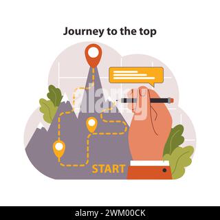 Journey to the top concept. Hand charting path on mountain, from start to peak. Ambition, challenge, and personal growth narrative. Success planning. Flat vector illustration. Stock Vector