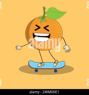 Art illustration Doodle Kawaii Fruits Symbol Character Orange Mascot Activity of Skate Board Stock Vector