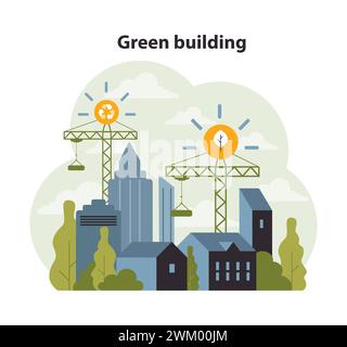 Green building concept. Urban skyline integrating sustainable architecture with cranes placing eco symbols. Prioritizing eco-friendly structures and renewable solutions. Flat vector illustration. Stock Vector