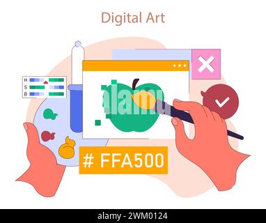 Artist's hand creating digital apple illustration, surrounded by color palettes and tools. Artist creating digital art. Creative profession, modern computer technologies. Flat vector illustration Stock Vector