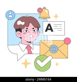 Digital notification concept. Man with webpage elements, new email alert, user profile, and approved tick. Online communication and updates. Flat vector illustration. Stock Vector