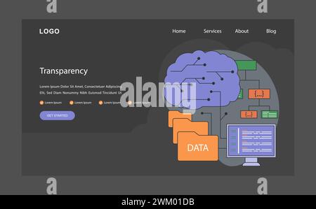 AI ethics dark or night mode web, landing. Artificial intelligence and neural network connected to data folders. Transparency of data handling processes. Flat vector illustration. Stock Vector