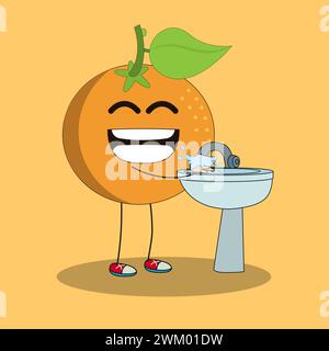 Art illustration Doodle Kawaii Fruits Symbol Character Orange Mascot Activity of Wash Hand Stock Vector