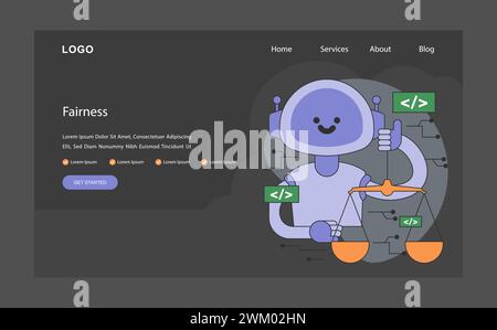 AI ethics dark or night mode web, landing. Robot balanced scales, unbiased algorithmic fairness. Justice and equality. Artificial intelligence alignment and normative control. Flat vector illustration Stock Vector