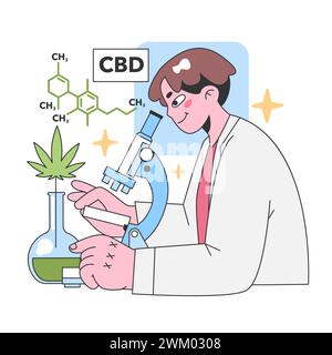 CBD research concept. Scientist studies cannabis leaf with a microscope, showcasing the chemical formula. Medical and herbal exploration. Flat vector illustration. Stock Vector