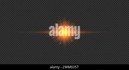 Light effect of lens flares. Orange horizontal glowing light starburst effect with sparkles on a grey transparent background. Vector illustration Stock Vector
