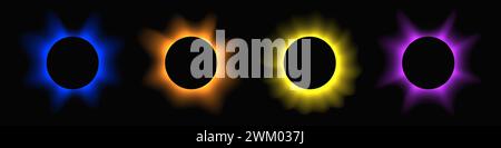 Circle illuminate frame with gradient. Set of four round neon banners isolated on black background. Vector illustration Stock Vector