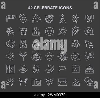 A collection of 42 unique celebration-themed vector icons, capturing the essence of the holidays. Perfect for event invitations, greeting cards and holiday graphics. Flat vector illustration. Stock Vector