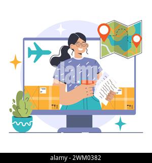 Distributor concept. Efficient woman managing logistics, monitoring shipments on a computer screen. Global trade, package delivery, and location tracking. Flat vector illustration Stock Vector