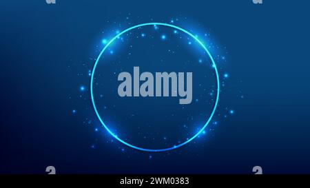 Neon circle frame with shining effects and sparkles on dark blue background. Empty glowing techno backdrop. Vector illustration Stock Vector