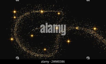 Gold glittering confetti wave and stardust. Set of three backdrops with golden magical sparkles on dark background. Vector illustration Stock Vector