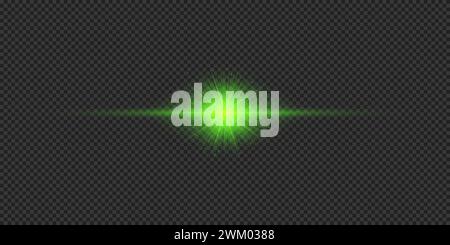 Light effect of lens flares. Green horizontal glowing light starburst effect with sparkles on a grey transparent background. Vector illustration Stock Vector