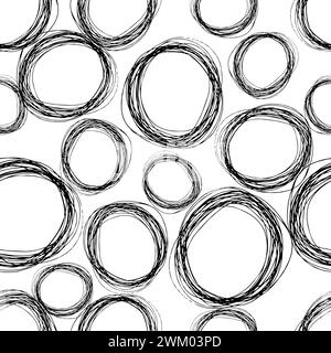 Seamless pattern with black sketch hand drawn pencil scribble ellipse shape on white background. Abstract grunge texture. Vector illustration Stock Vector