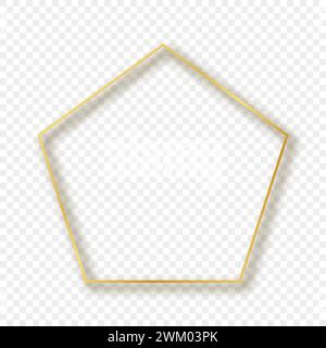 Gold glowing pentagon shape frame with shadow isolated on transparent background. Shiny frame with glowing effects. Vector illustration. Stock Vector