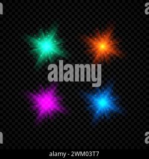 Light effect of lens flares. Set of four green, orange, purple and blue glowing lights starburst effects with sparkles on a dark transparent backgroun Stock Vector