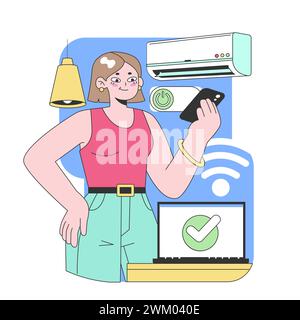 Smart home integration concept. Woman using smartphone to control air conditioner, lighting, and laptop, enjoying modern technological conveniences. Flat vector illustration. Stock Vector