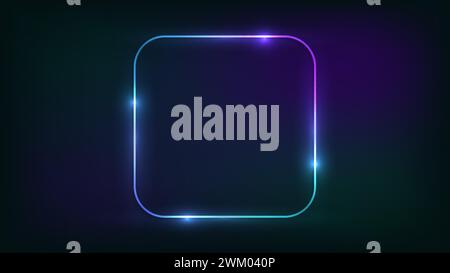 Neon rounded square frame with shining effects on dark background. Empty glowing techno backdrop. Vector illustration. Stock Vector