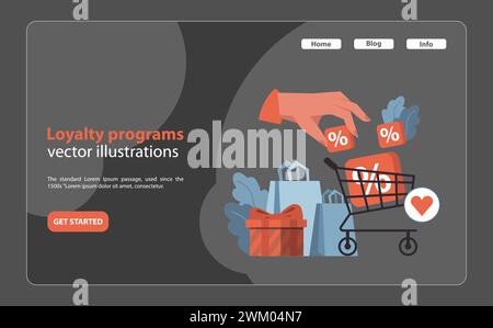 Loyalty programs concept. Hand placing discounts into shopping cart, surrounded by gift and heart icon. Rewarding frequent shoppers. Flat vector illustration. Stock Vector