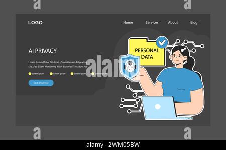 AI ethics dark or night mode web, landing. Woman using laptop, ensuring AI's commitment to privacy. Protection of personal data with a shield. Digital or cyber security. Flat vector illustration. Stock Vector