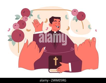 Vows concept. A priest joyfully recites wedding vows, holding a holy