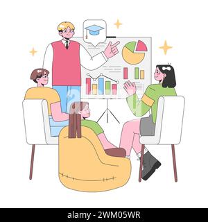 Education insights concept. A presenter explaining data charts to attentive listeners, emphasizing knowledge transfer in a cozy learning environment. Flat vector illustration. Stock Vector