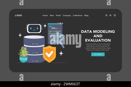 Data modeling and evaluation set. An intelligent bot scrutinizes codes while safeguarding data integrity on servers. Flat vector illustration Stock Vector