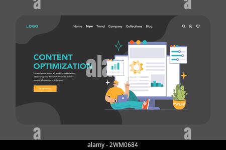 Content optimization dark or night mode web, landing. Analyzing and improving website information architecture. Data-driven approach for user engagement. Flat vector illustration. Stock Vector