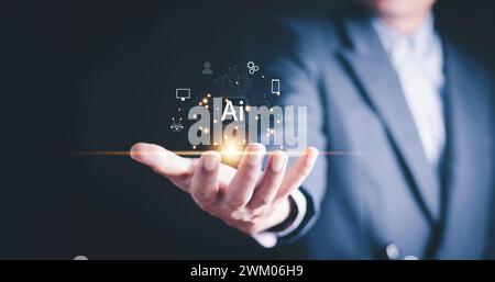 Chatbot Chat with AI, Artificial Intelligence. man using technology smart robot AI, artificial intelligence by enter command prompt for generates some Stock Photo