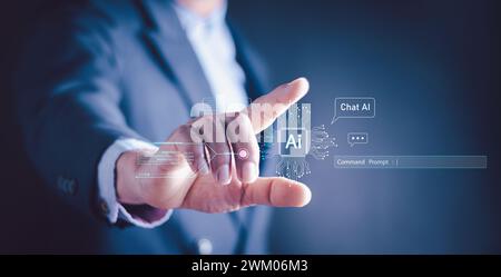 Chatbot Chat with AI, Artificial Intelligence. man using technology smart robot AI, artificial intelligence by enter command prompt for generates some Stock Photo