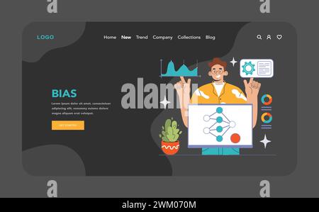 Addressing AI bias concept. Enthusiastic expert adjusts neural network model, pointing at graph and settings, ensuring machine fairness. Data variance, configuration control. Flat vector illustration Stock Vector