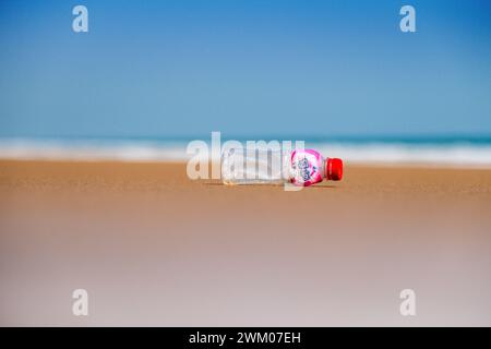 A plastic drink bottle on an otherwise deserted beach on the east coast of India Stock Photo