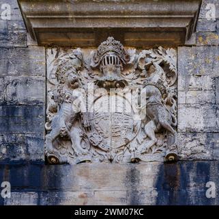 Royal Arms of Charles II in Southsea Castle (Henry VIII's castle) in Southsea, Portsmouth, Hampshire, a south coast holiday resort on the Solent Stock Photo