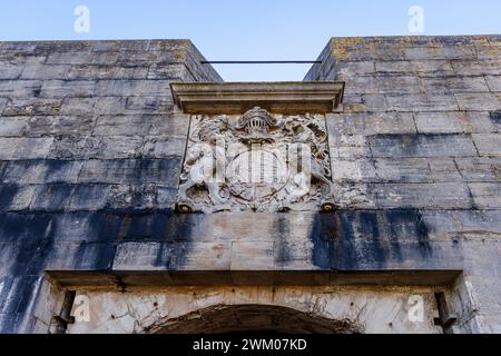 Royal Arms of Charles II in Southsea Castle (Henry VIII's castle) in Southsea, Portsmouth, Hampshire, a south coast holiday resort on the Solent Stock Photo