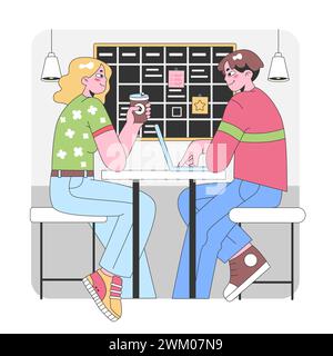 Colleagues collaborating in a cozy workspace. Sharing ideas over coffee, laptop-focused tasks, and a well-organized bulletin board. Casual work attire, engaging discussion. Flat vector illustration Stock Vector