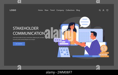 Businessman and businesswoman shaking hands through computer screens, signifying digital collaboration and stakeholder engagement in the virtual workspace. Flat vector. Stock Vector