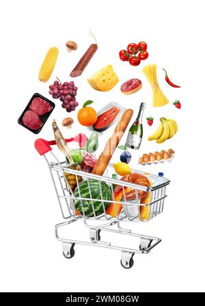 Shopping cart with many food isolated on white background Stock Photo