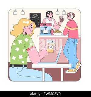 Cafe workspace vibe. Woman multitasking on laptop with coffee, while barista serves a customer. Friendly interaction at a modern coffee shop. Flat vector illustration. Stock Vector