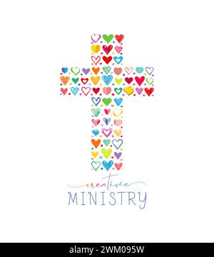 Creative cross with set of hand drawn style colorful hearts. Christian ministry logo concept. Sunday school cute symbol. Isolated elements. Flat desig Stock Vector