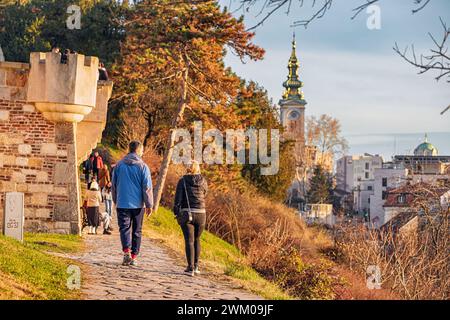 02 December 2023, Belgrade, Serbia: Visitors tourists at the Kalemegdan fortress viewpoint Stock Photo