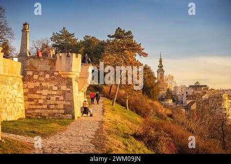 02 December 2023, Belgrade, Serbia: Visitors tourists at the Kalemegdan fortress viewpoint Stock Photo
