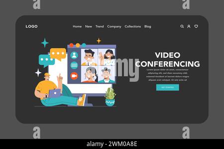 Video Conferencing dark or night mode web, landing. Man on virtual meeting, displaying diverse colleagues on screen. Remote teamwork or collaboration, digital connection. vector illustration Stock Vector