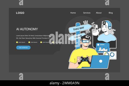 AI ethics dark or night mode web, landing. Artificial intelligence autonomy. Virtual reality developer and complex algorithms working in tandem. Decision-making process. Flat vector illustration Stock Vector
