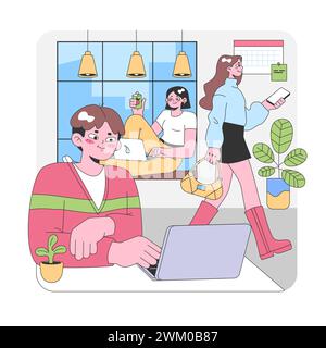 Modern office dynamics with diverse coworkers. Man engrossed in laptop work, woman with fresh juice chilling, another strides confidently with phone. Light decor, large windows. vector illustration. Stock Vector