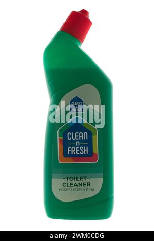 Green bottle of toilet cleaner on white background Stock Photo