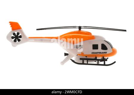 Plastic pull back and go toy helicpoter on white background Stock Photo